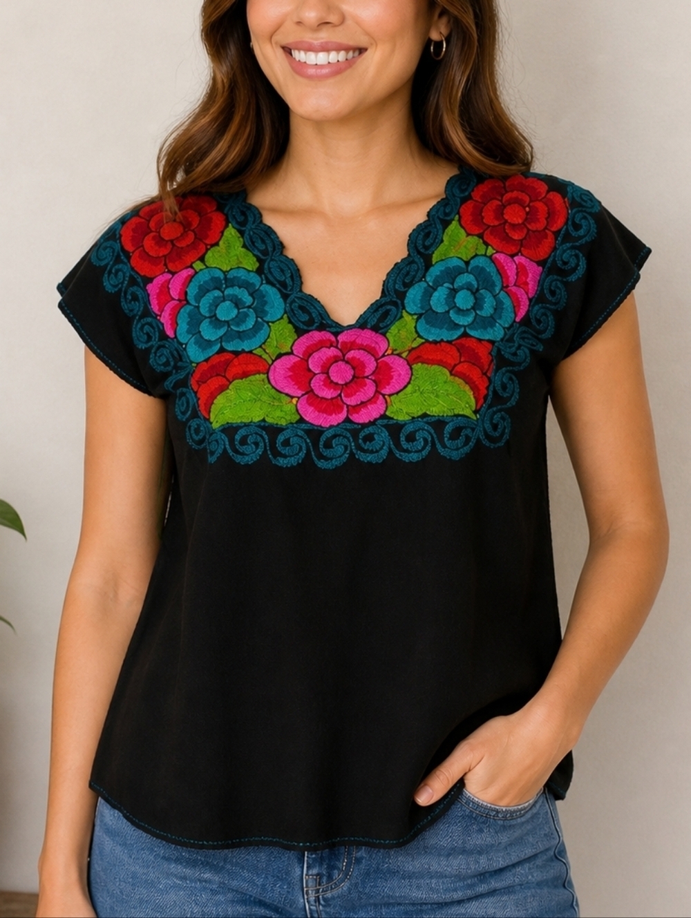 Traditional HANDMADE Linen Floral Embroidered Mexican Fiesta Puebla Blouse